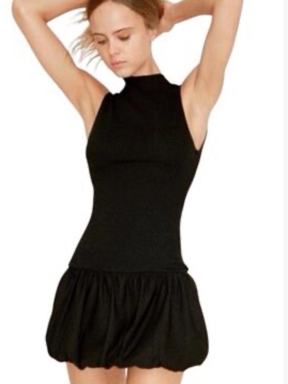 Zara Black Sleeveless Mock-Neck Bubble-Hem Mini Dress